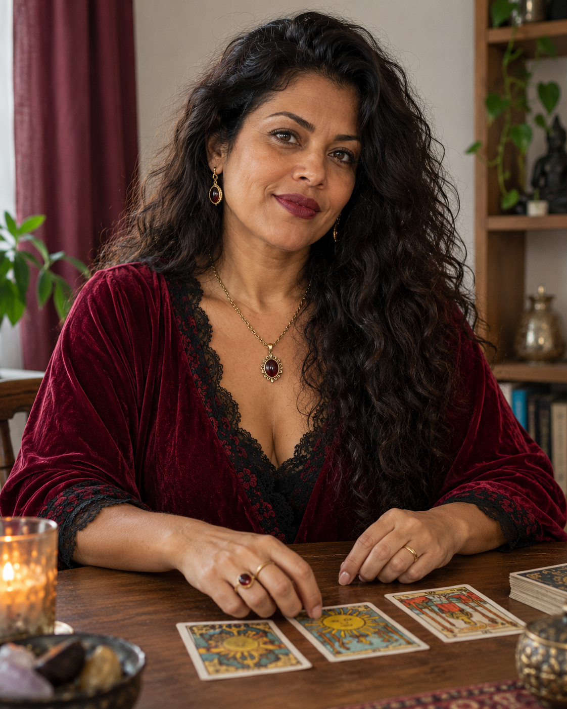 Retrato de uma leitora de tarô junto à mesa com cartas